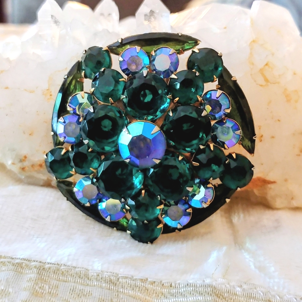 Stunning Large Vintage Blue Green Prong-set Rhinestone Brooch Pin